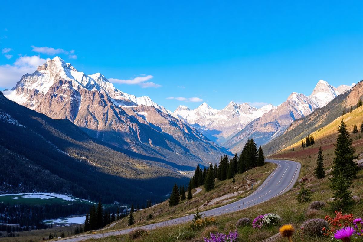 Spring road through Grand Teton National Park with snow-capped peaks