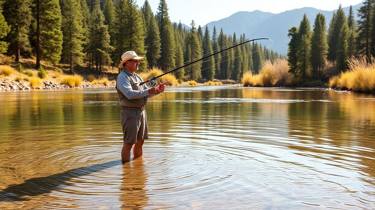 Beginner fly fisher wading in the gentle upper Henry's Fork near Big Springs, Island Park Idaho