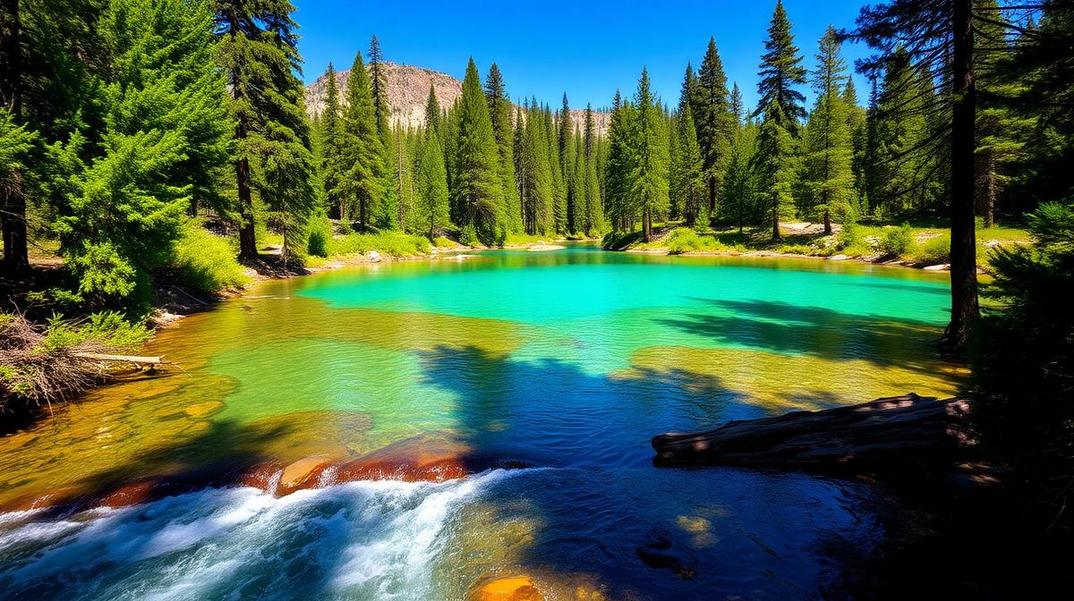 Crystal clear spring water flowing through lodgepole pine forest in Island Park, Idaho
