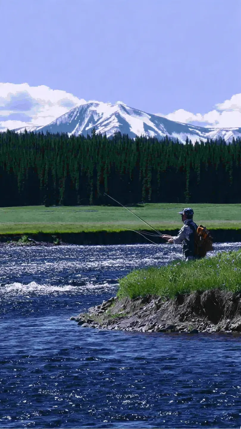 Fly fishing in Island Park, Idaho with mountain views