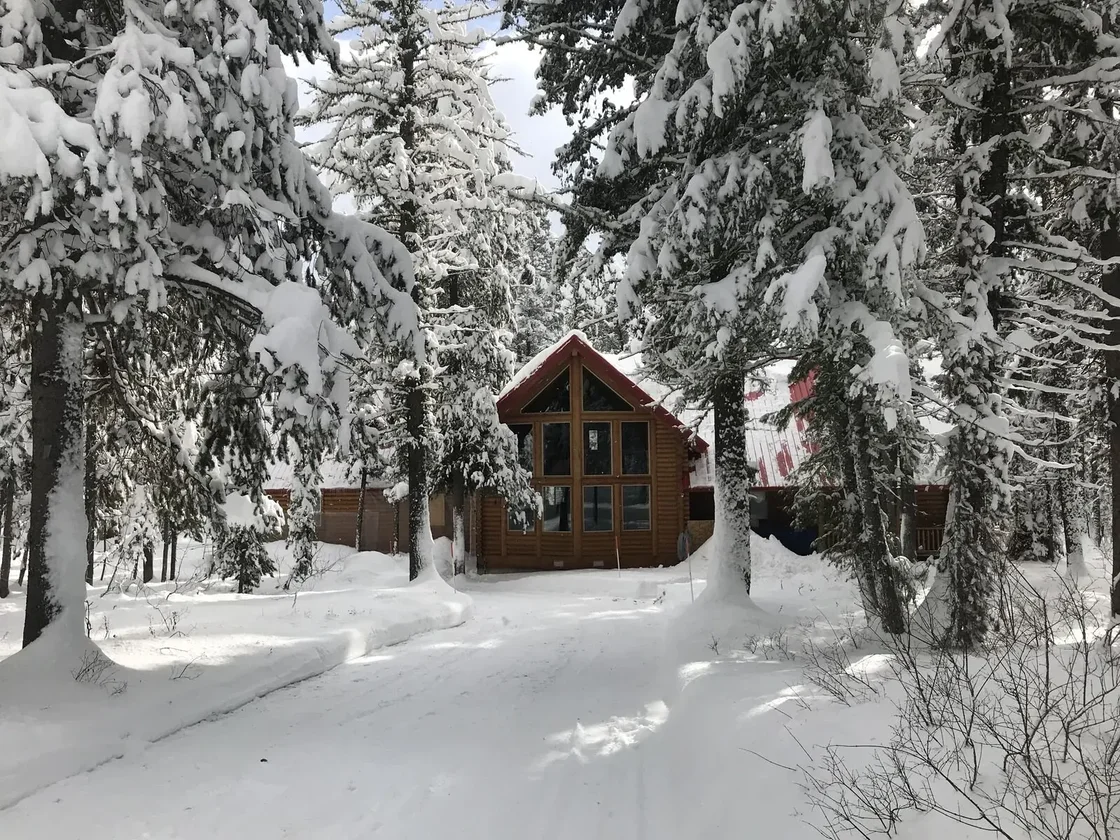 Snow-covered cabin with winter wonderland scenery