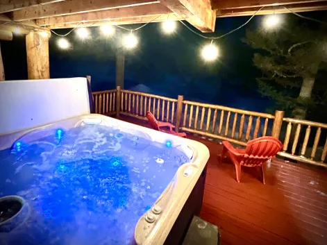 Private hot tub at Lodgepole Pines Retreat cabin near Yellowstone