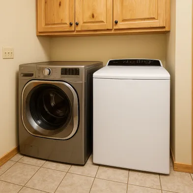 Full-size washer and dryer with storage shelves