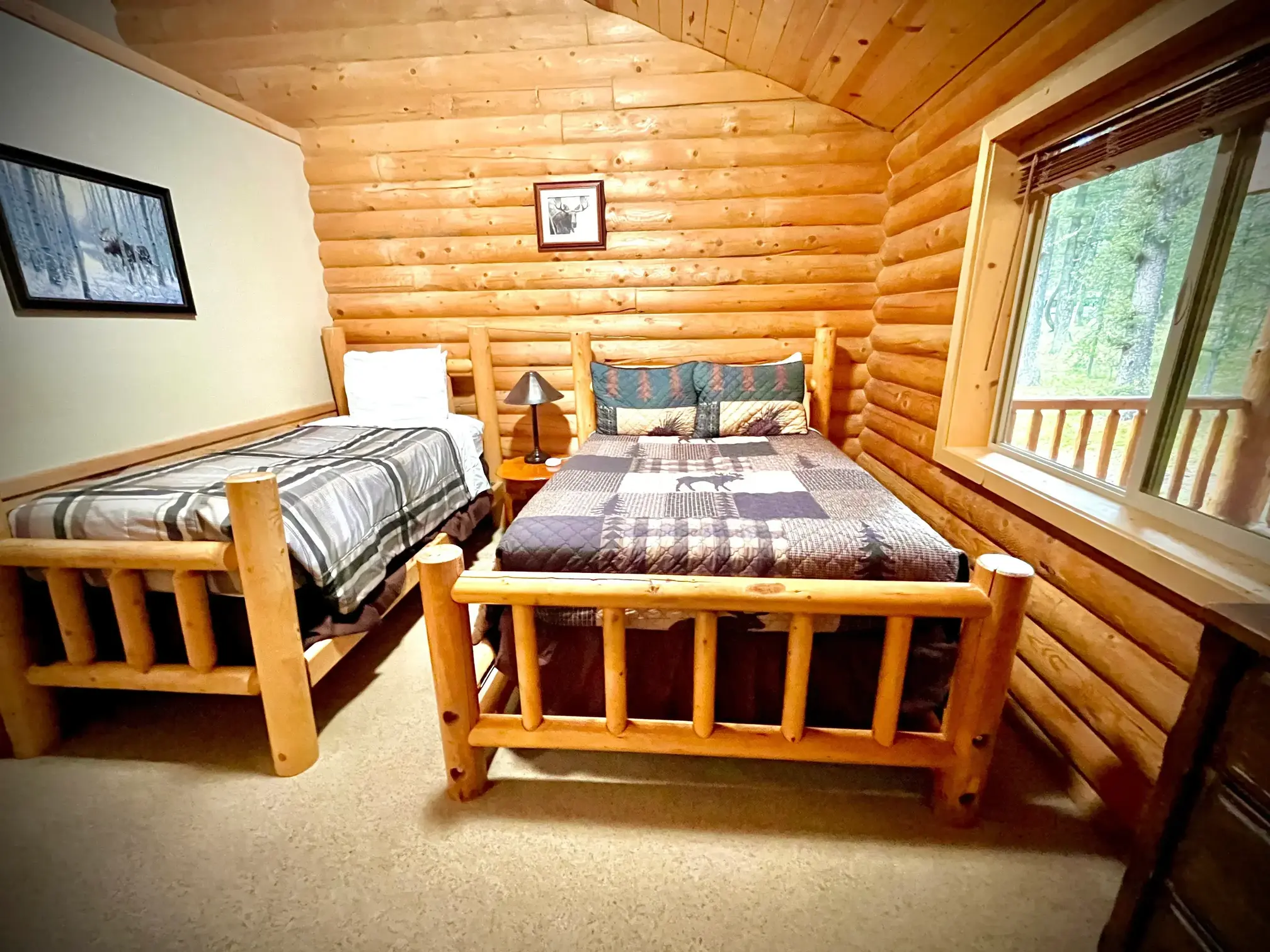 Cozy moose-themed room with both a twin and double bed, great view, and plenty of closet space