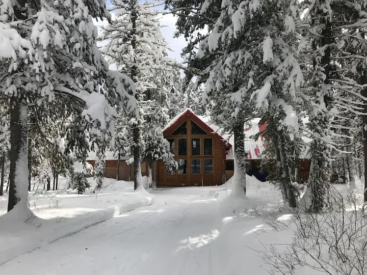 Snow-covered cabin in winter wonderland