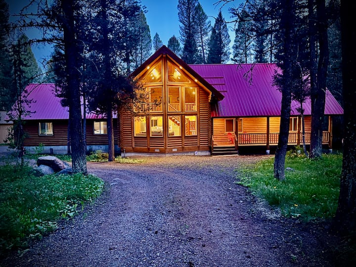Cabin surrounded by snow-dusted pine trees