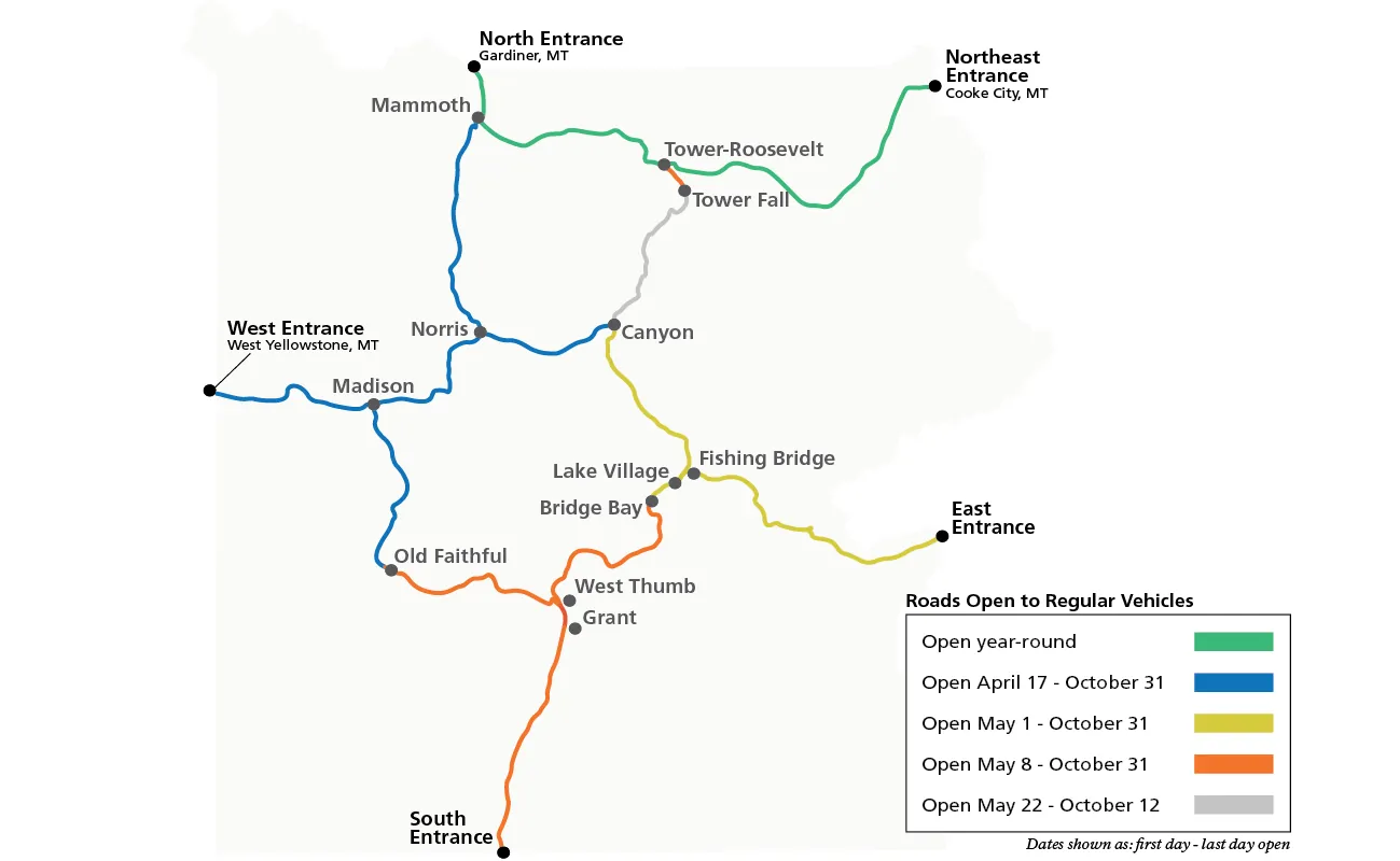 2026 Yellowstone National Park road opening schedule map for regular vehicles