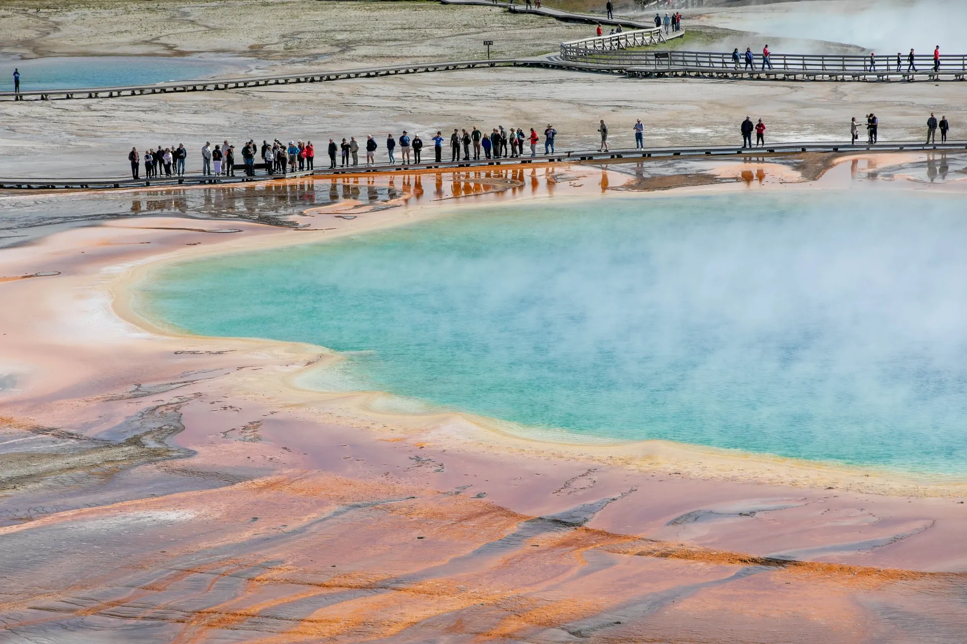 Grand Prismatic Spring overlook from the Fairy Falls Trail showing the vivid rainbow colors