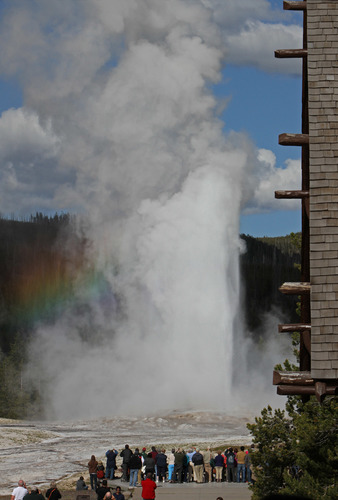 View of Old Faithful Geyser from the Old Faithful Inn balcony