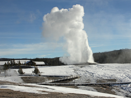 Old Faithful erupting in winter with snow-covered landscape and Snow Lodge visible