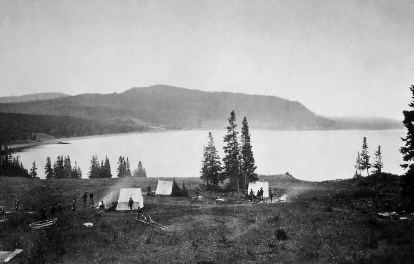 Earthquake Camp of the Hayden Expedition in 1871, located on the north shore of Yellowstone Lake