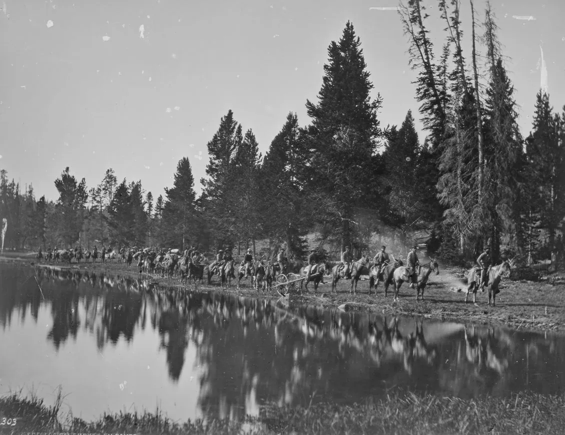 Members of a geological survey expedition traveling through Yellowstone's wilderness in the 1870s