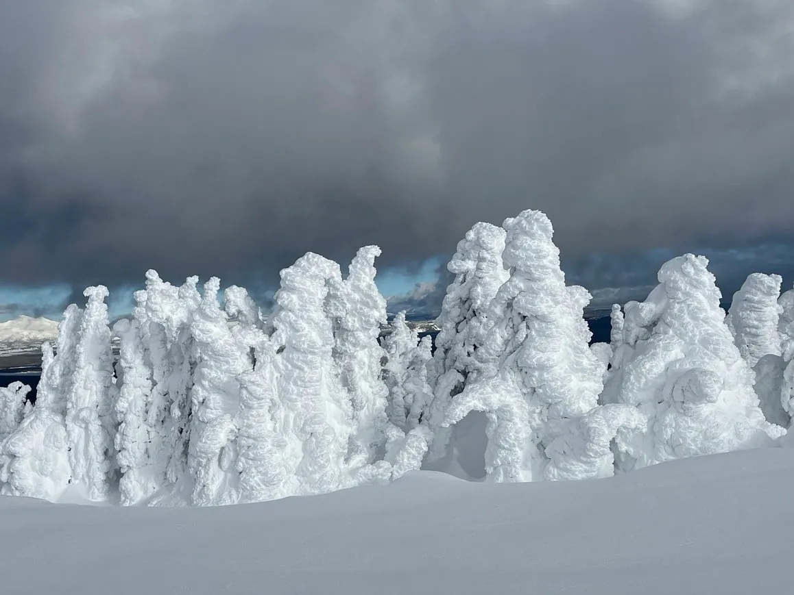 Snow ghosts on Two Top Mountain with dramatic clouds
