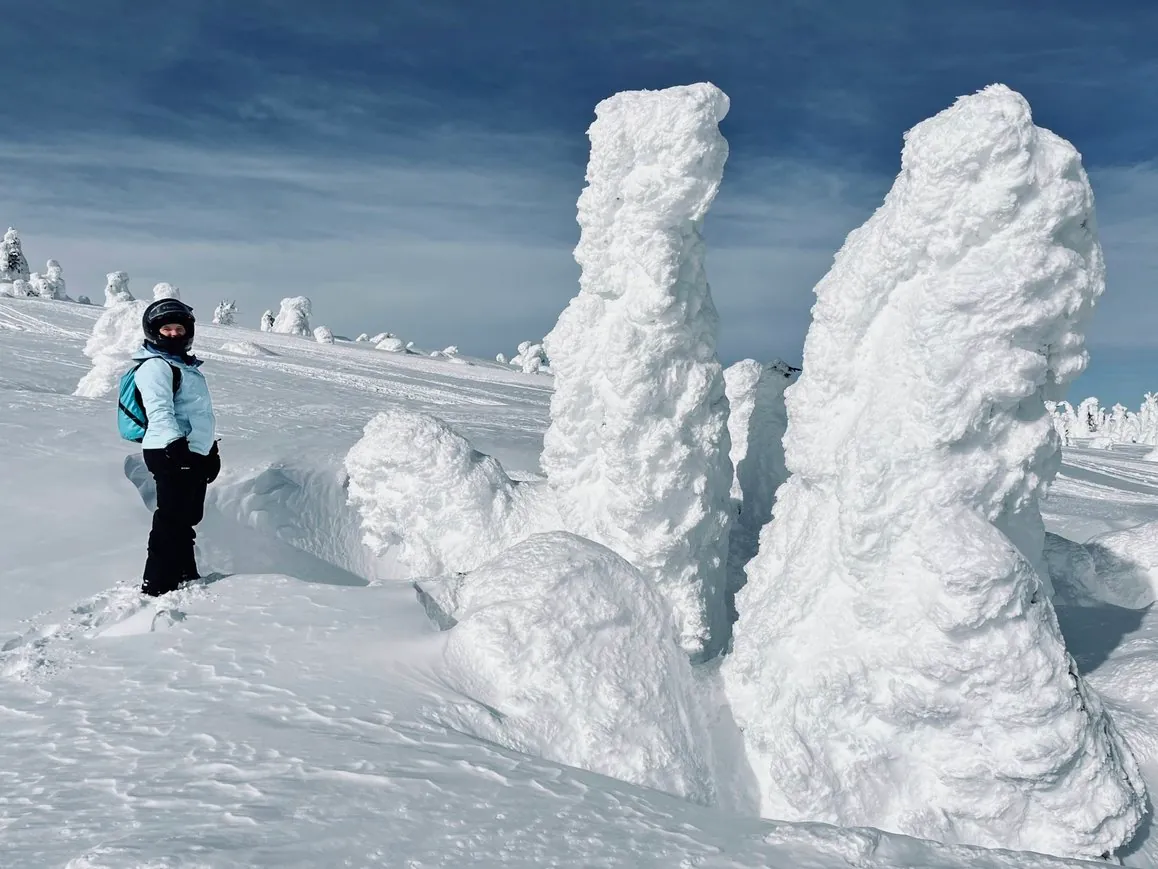 Visitor next to massive snow ghost for scale